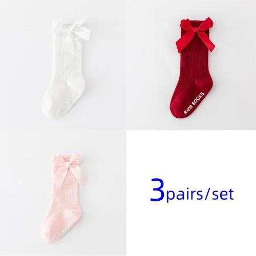 

3Pairs/lot Baby Socks For Girls Big Bow Knee High Children s Home Mid Calf Princess Floor Sock Non-slip Kids Toddler Stockings 0-1Years(S)
