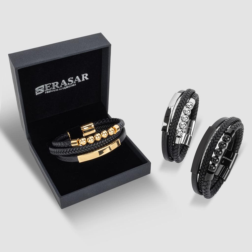 Bracelet Leather 23cm Black Bangle Arm Jewelry Chain Braided Wrap [SERASAR] Men's