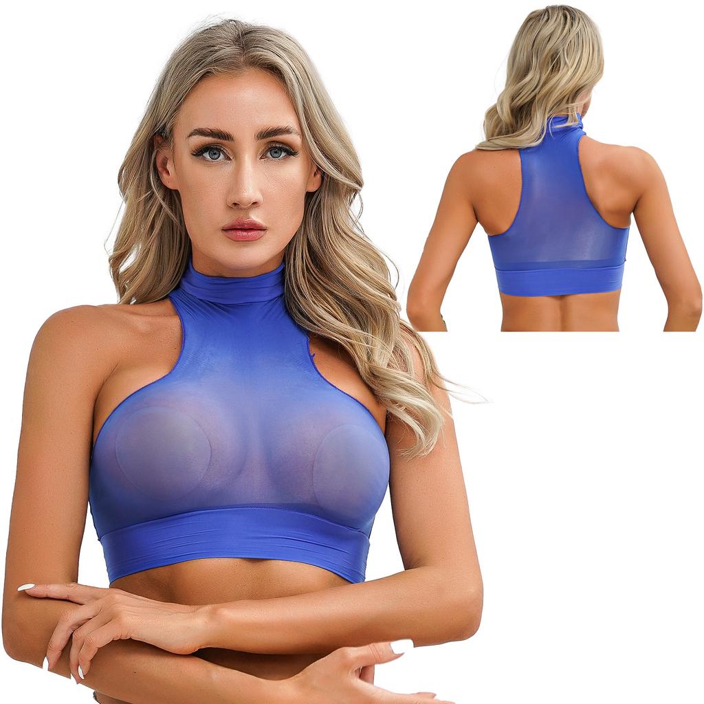 Womens Mock Neck Sleeveless Sheer Crop Top Glossy See Through Vest