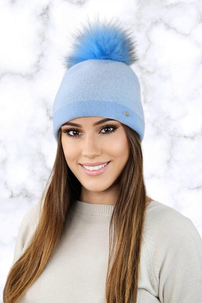 Aloes Warm Pepita Hat with Natural Pompom Finish, Sky Blue
