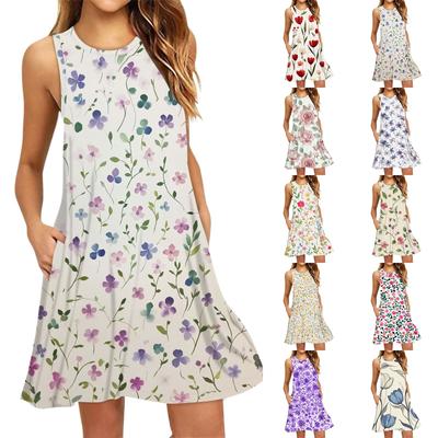 Women's Fashion Beach Dress Sleeveless Round Neck Floral Print Dress
