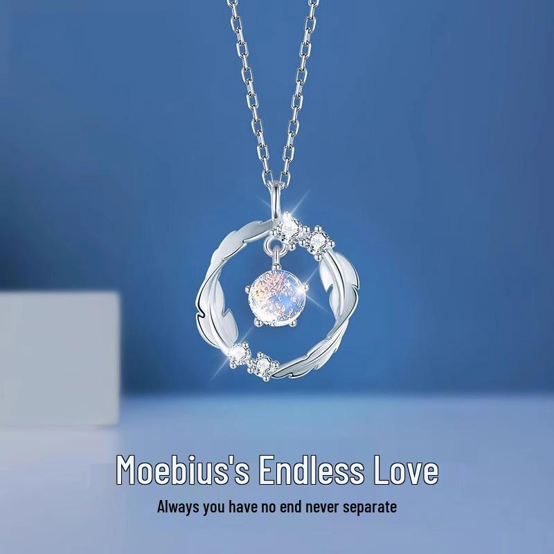 

Iridescent Zircon Feather Moebius Ring Necklace: 999 Pure Silver Choker for Women 925 Pure Silver Platinum