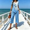 Women's Casual 2 Piece Sets Short Sleeve Crew Neck Top And Cropped Pants Sets Summer Floral Lounge Outfits