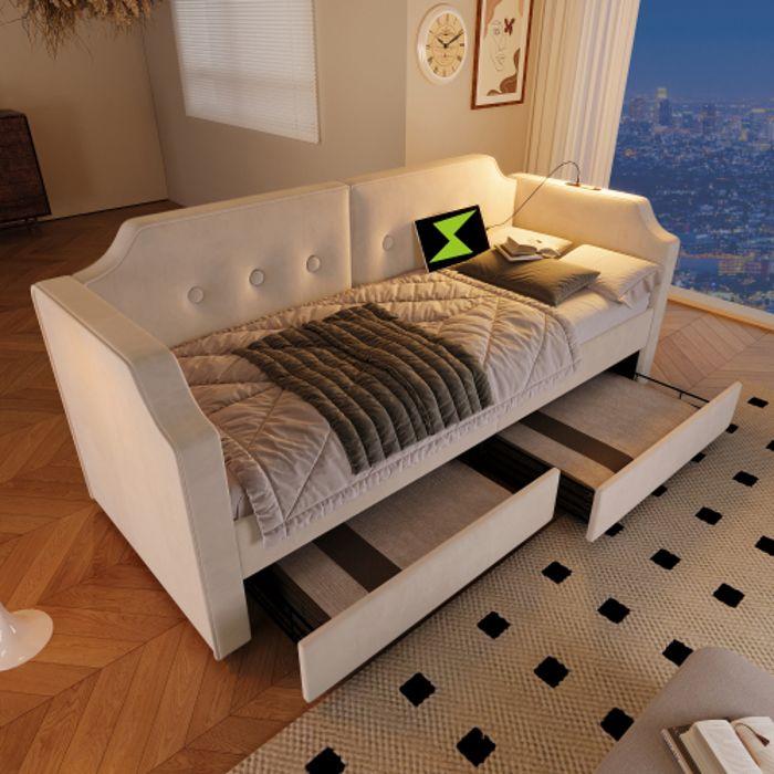 Lit Convertible - MUVOE - 90x200 Cm - Velours Beige - 2 Tiroirs - Liseuse USB-Type-C