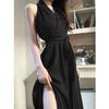 Pure desire wind red neck dress for women's spring and summer new a-word royal sister waist strap slim mid-length dress