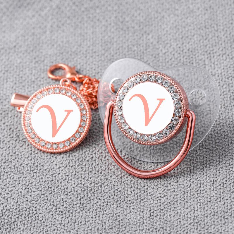 Transparent Rose Gold Letter Baby Pacifier with Diamond Design and Chain Clip
