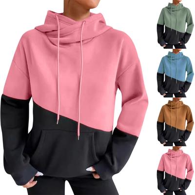 Color Block Stitching Pocket Drawstring Loose Casual Hooded Sweatshirt Women's Top