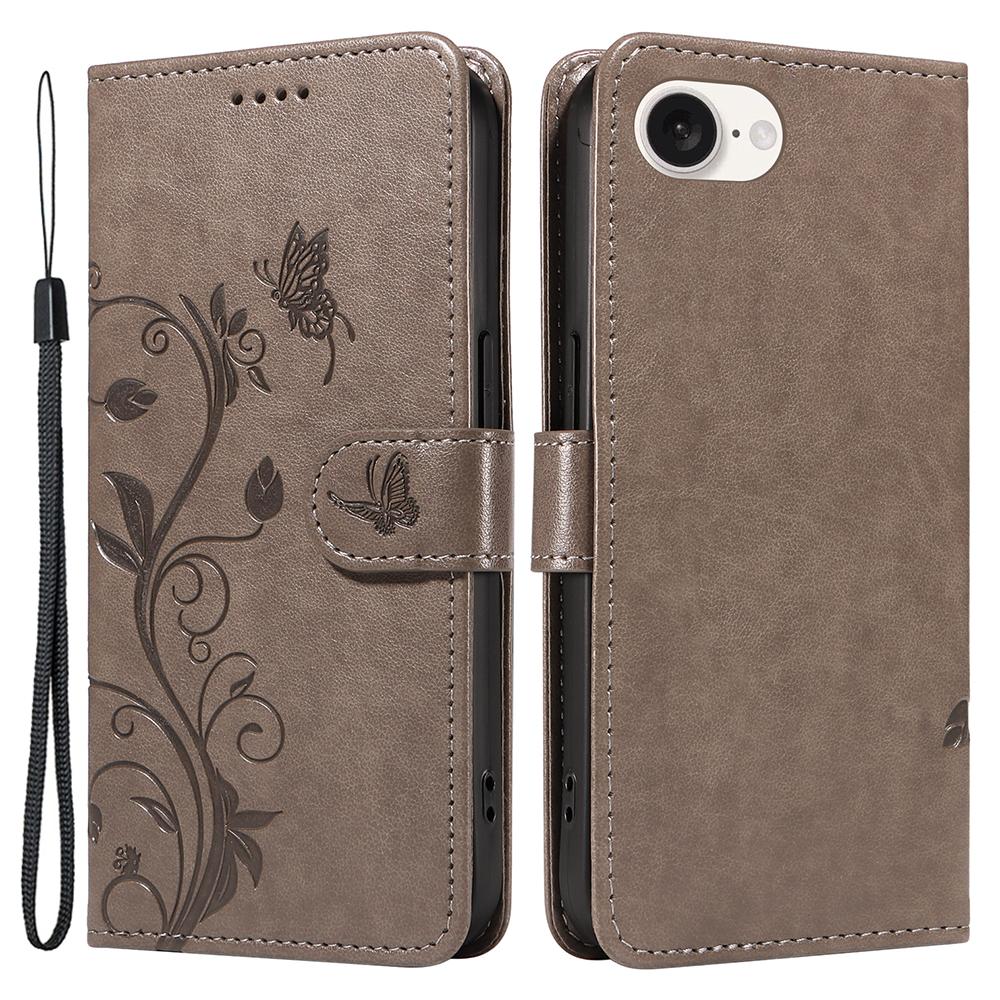 

For iPhone 16e PU Leather Cases Flower Pattern Wallet Stand Phone Cover with Strap Grey