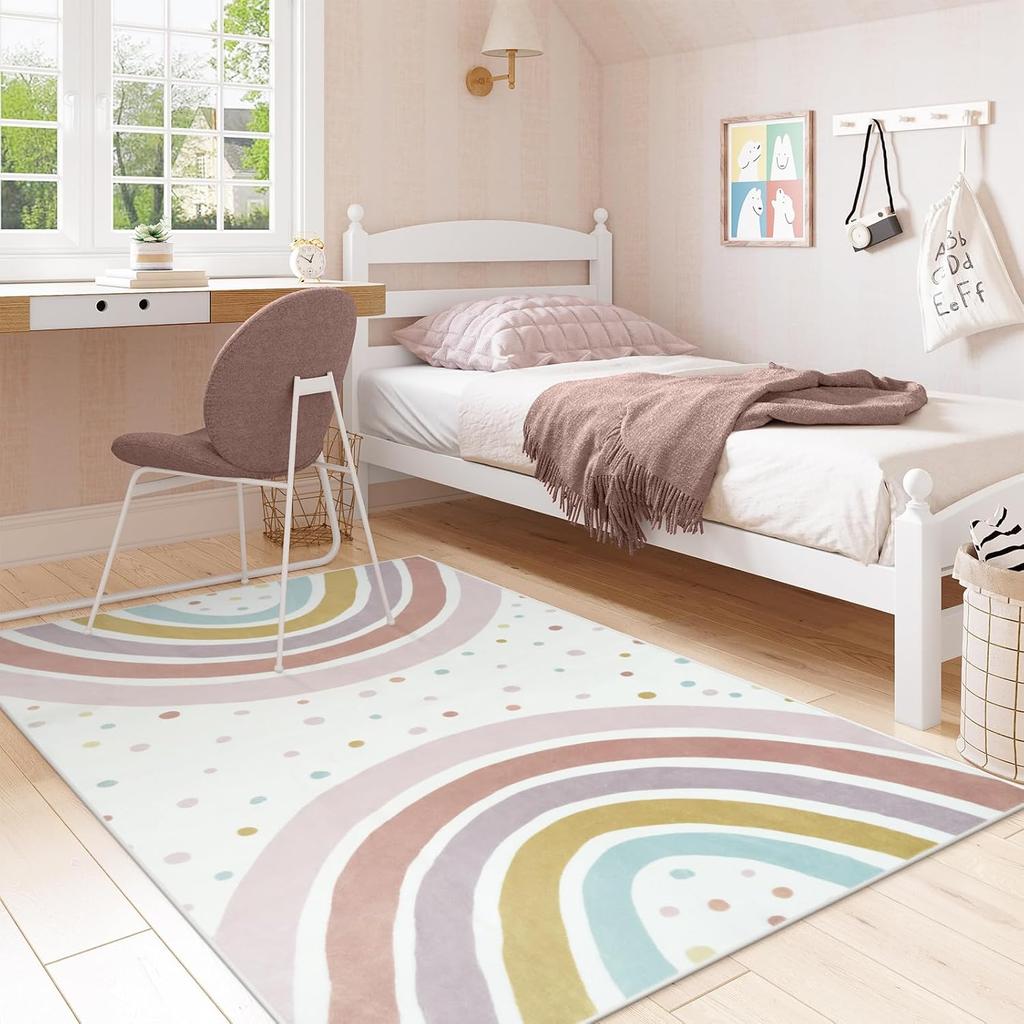 Elegant Boho Rainbow Wave Dots Area Rug Soft Non-Slip Living Room Carpet for Bedroom Bedside Baby Room Decor Floor Mat Gift