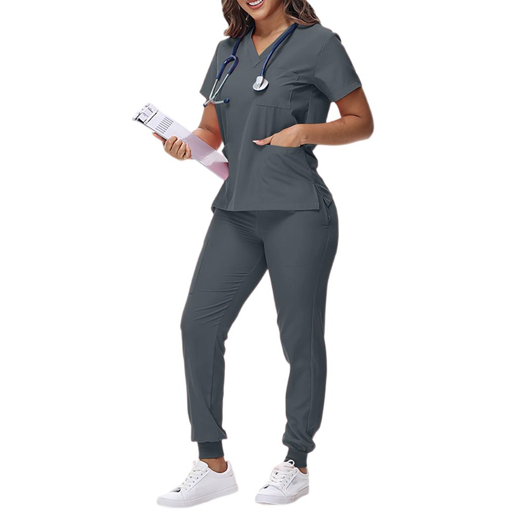 Women's Loose And Comfortable V-neck Short Sleeved Workwear With Tie Up Top And Waist Cinching Beauty Suit Set