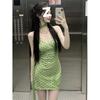 French Polka Dot Streamer Neck Dress Women's Summer Temperament Green Skirt Waist Hip Skirt Vacation Dress