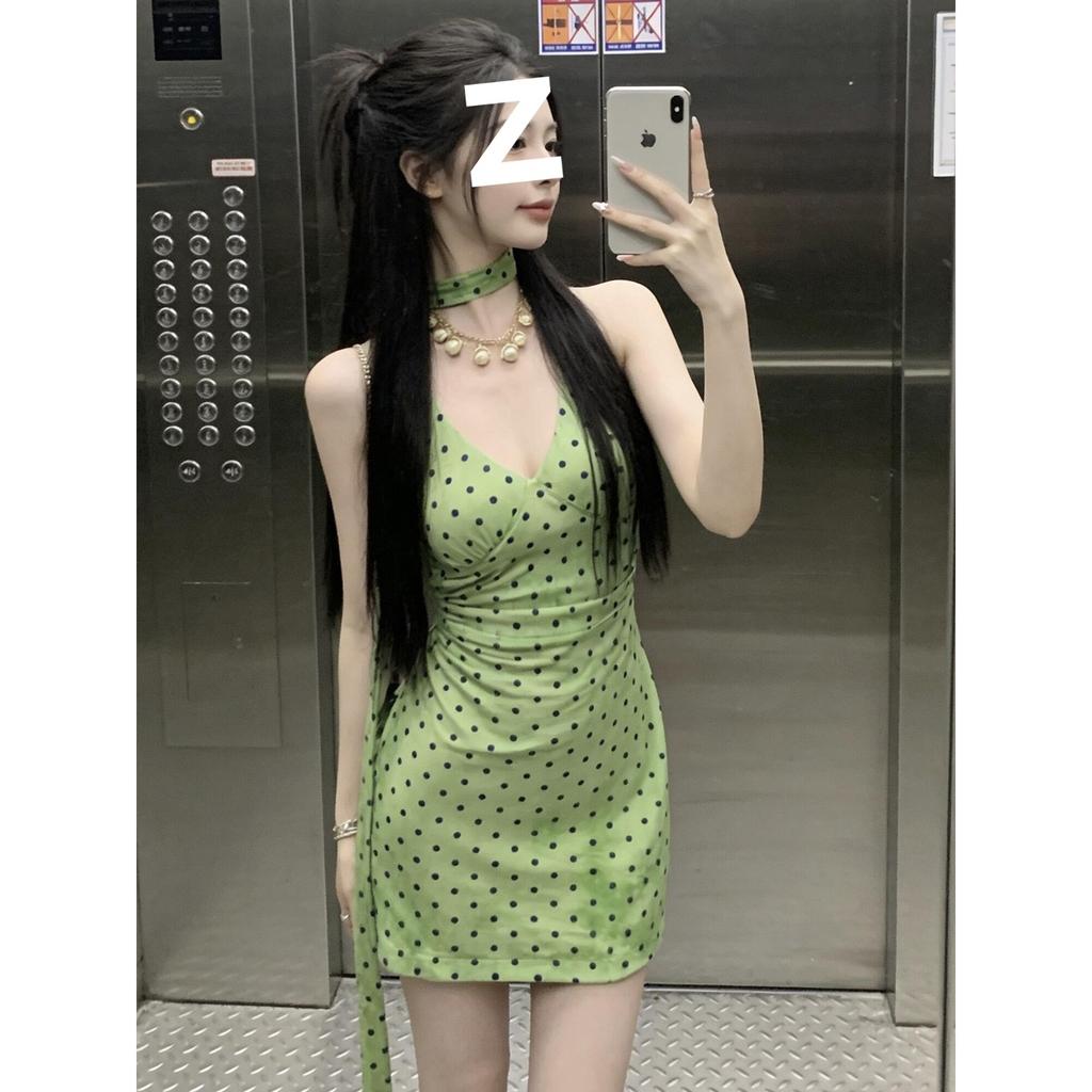 French Polka Dot Streamer Neck Dress Women's Summer Temperament Green Skirt Waist Hip Skirt Vacation Dress