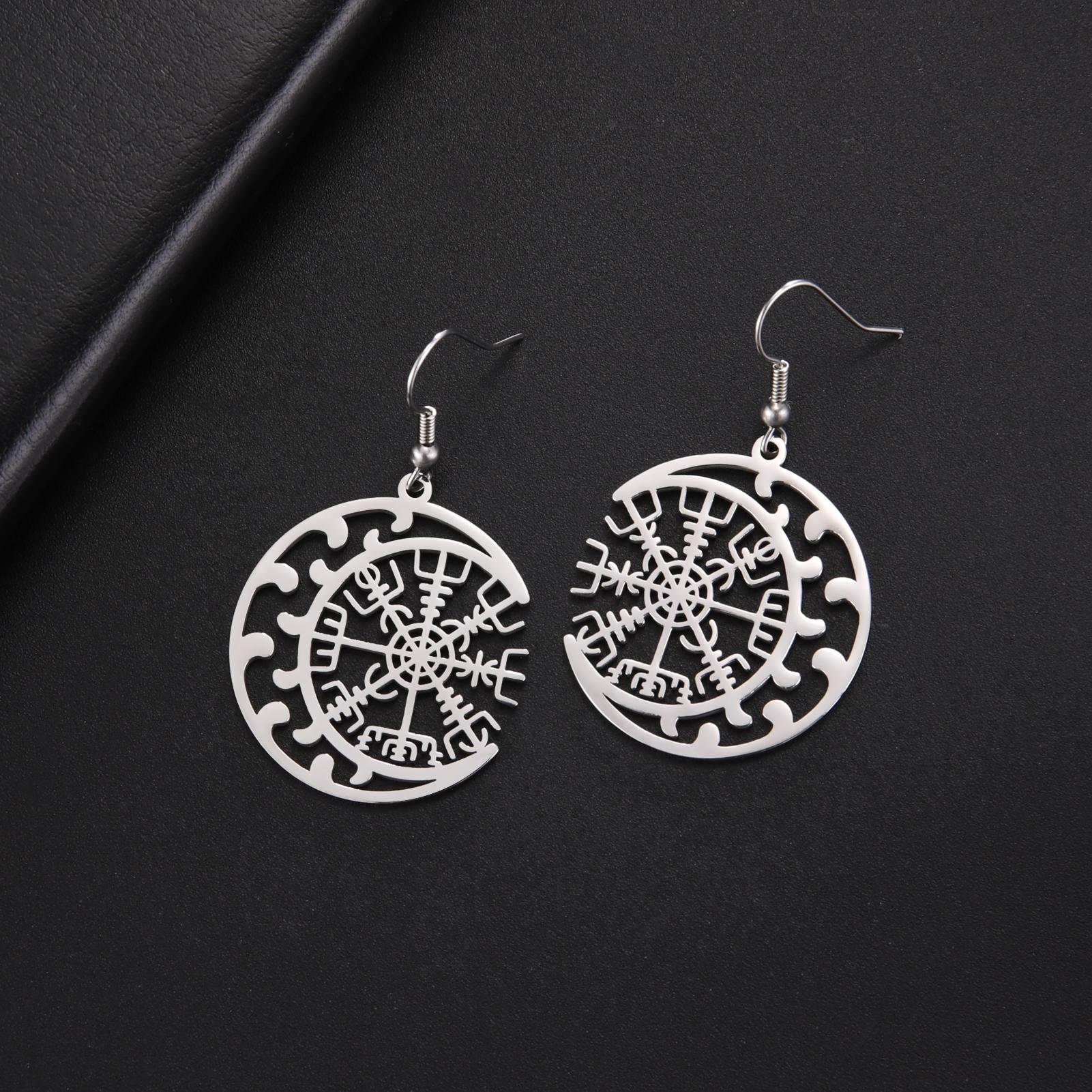 

Nordic Vegvisir Compass Earrings Stainless Steel Norse Runes Moon Wicca Pagan Talisman Jewelry Gift for Women
