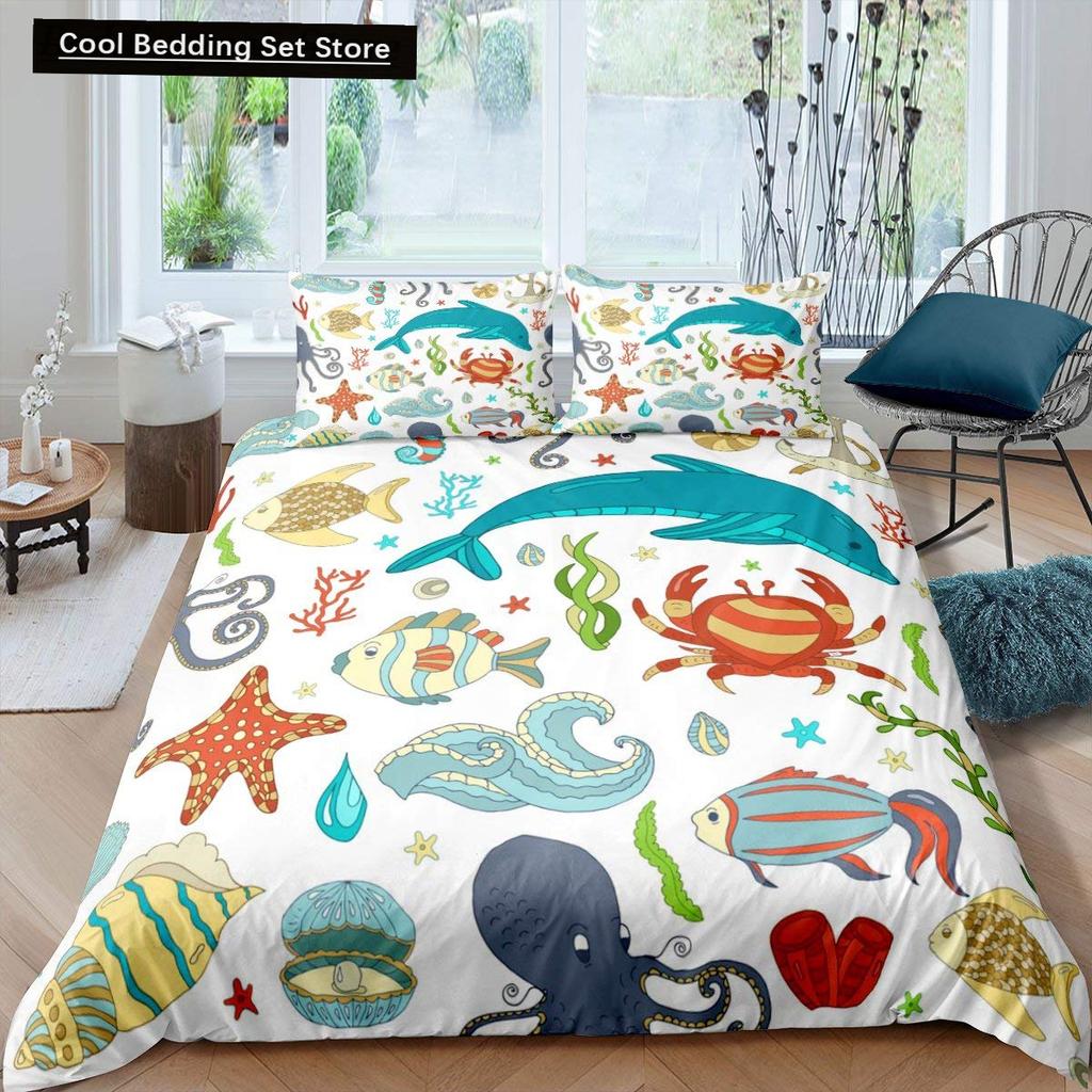 Kids Cartoon Ocean Animal King Queen Bedding Set Underwater World Duvet Cover Marine Life Quilt Cover Polyester Comforter Cover