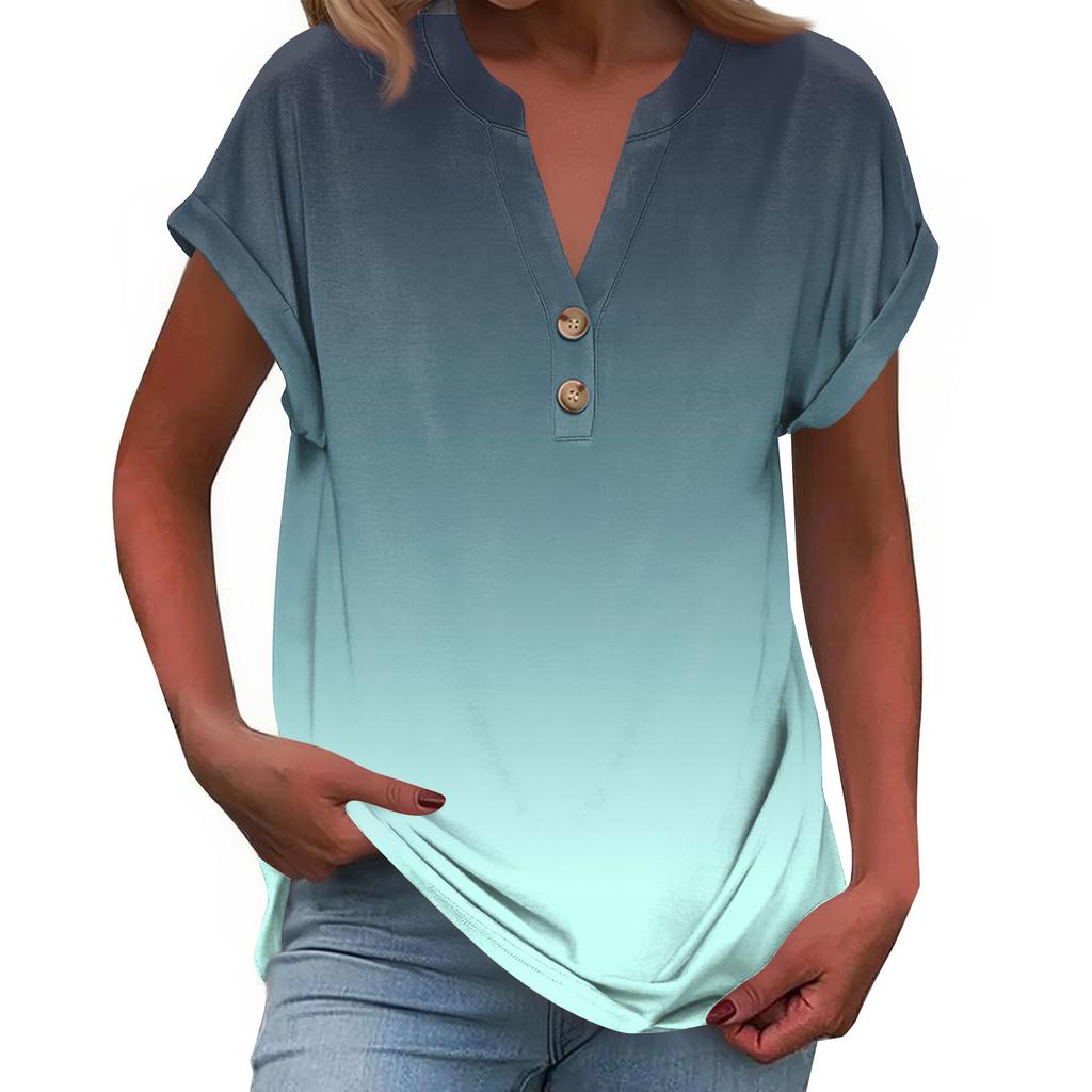 Women's Fashionable Casual Loose-Fit Short-Sleeved Button-Up V-Neck Printed T-Shirt Top