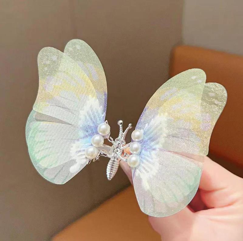 "Gradient Color Butterfly Hairpin with 3D Pearl - Children's Duckbill Clip Fabric Simulation, Ancient Style Hair Accessory"