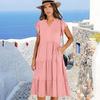 Women's V-neck, Ruffled Sleeve, Mid-length, Patchwork, Wide Skirt, Pocket Dress