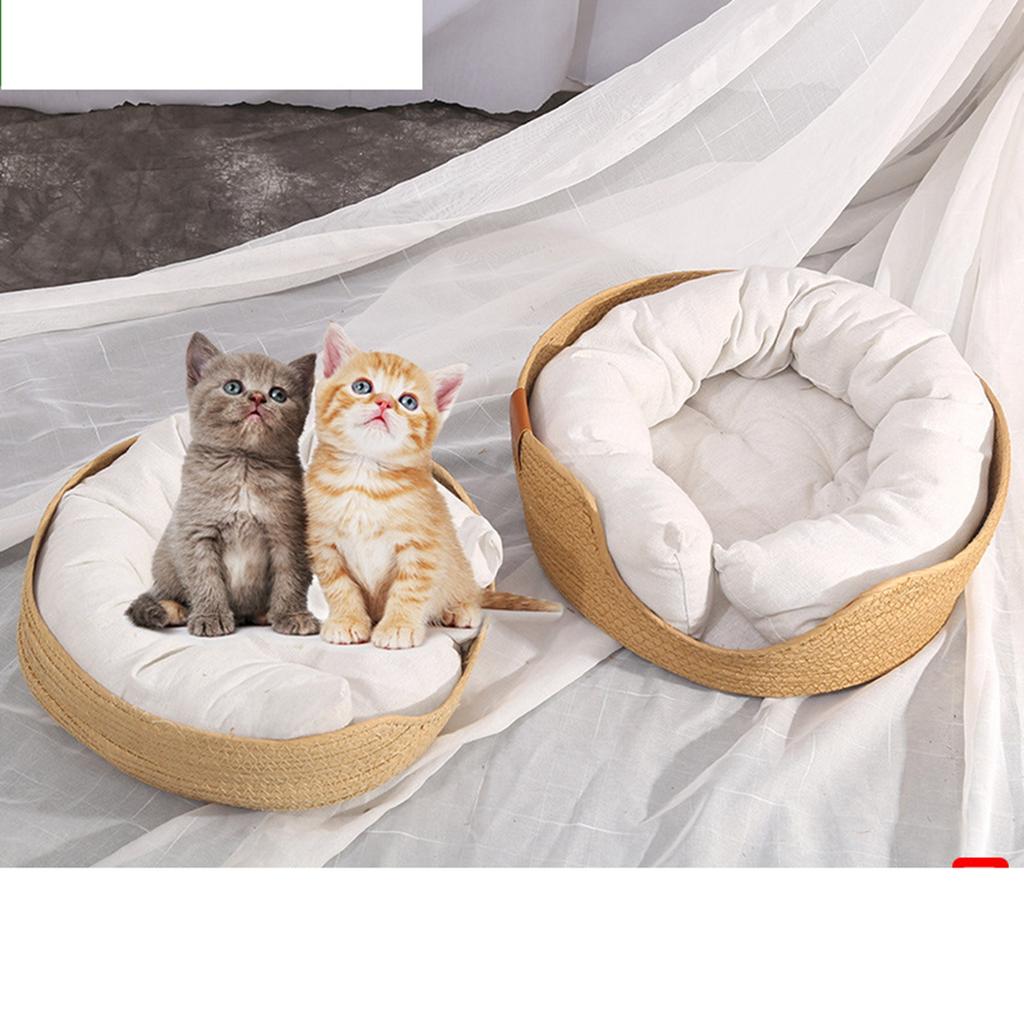 Haustierkissenbett, handgewebt, weich, warm, atmungsaktiv, tragbar, rund, für Katzen und Welpen, für alle Jahreszeiten, Größe M