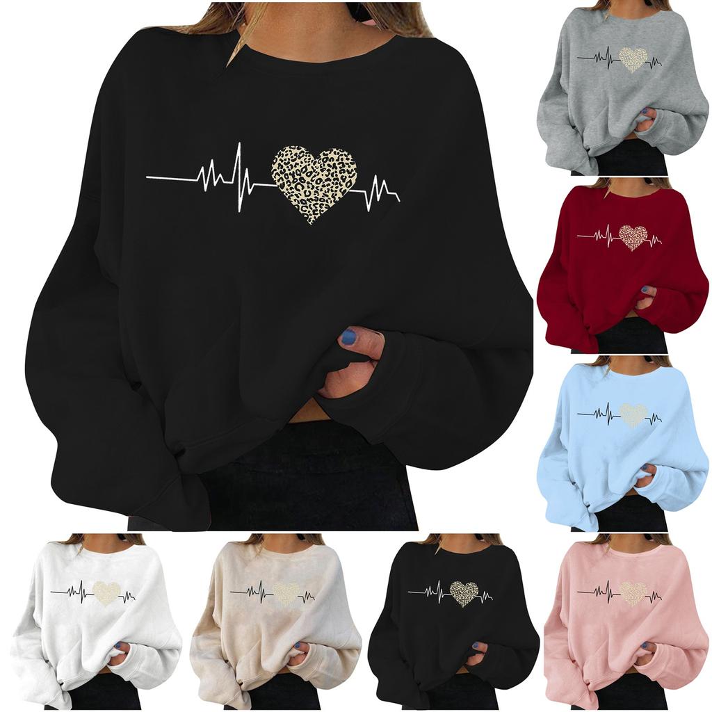 Women's Casual Valentine's Day Love Printed Round Neck Pullover Long Sleeve Top
