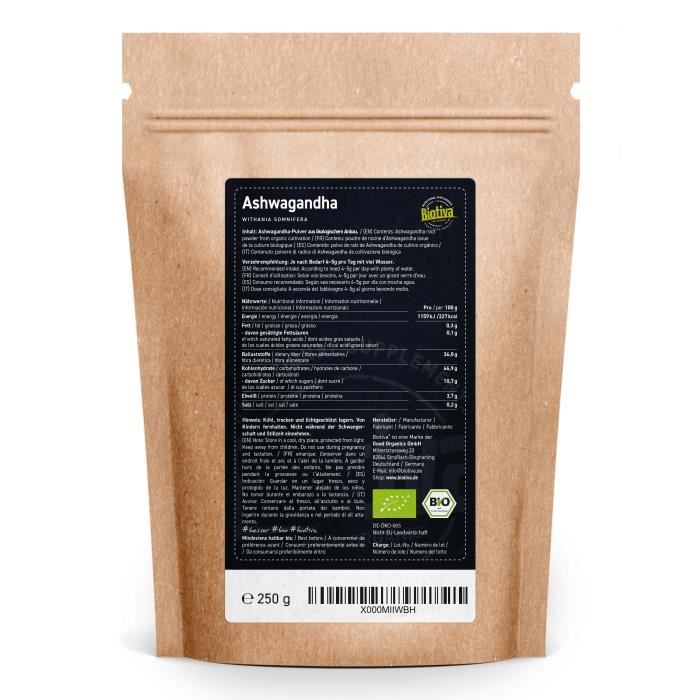 Poudre d'ashwagandha bio 250g - racine d'ashwaganda en poudre - ayurveda - ginseng indien - withania somnifera