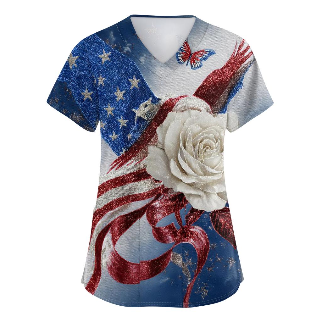 Damen V-Ausschnitt Unabhängigkeitstag Aufdruck Kurzarm Tasche Seitenöffnung Schutzkleidung Arbeitshemd