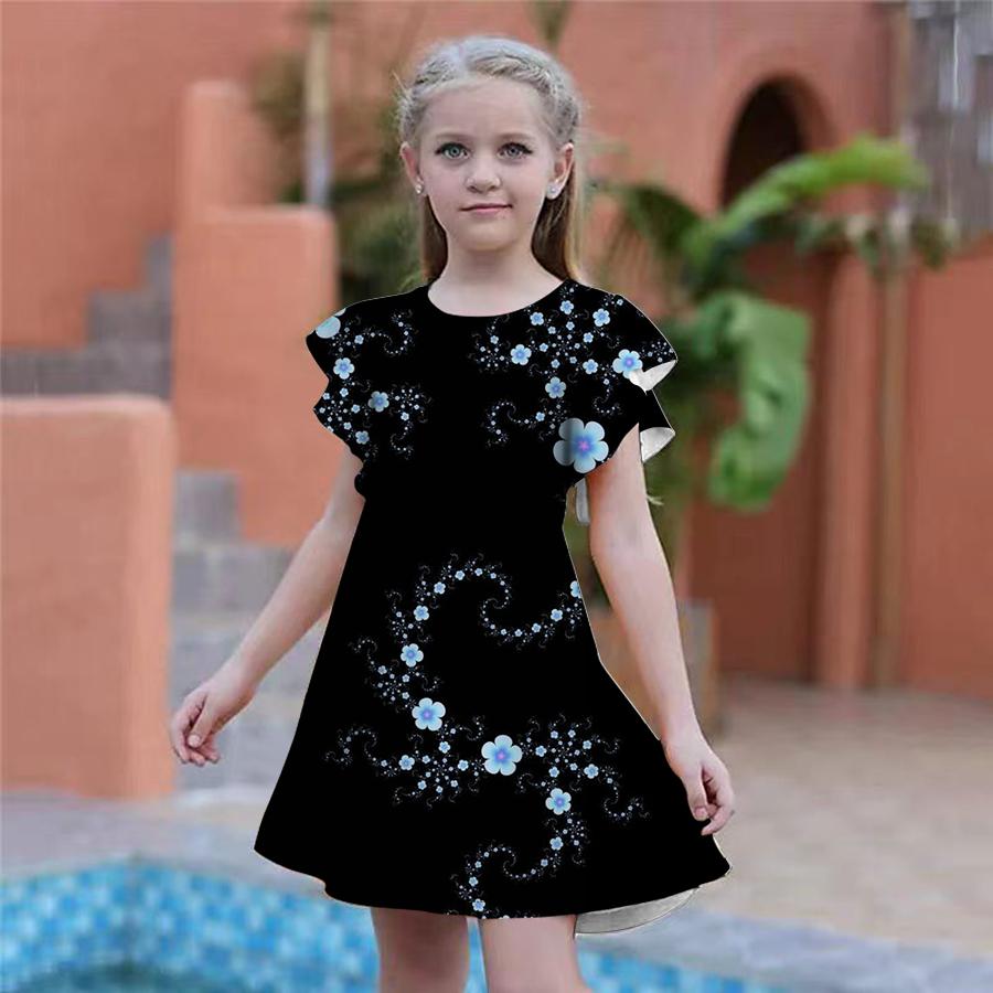 

Платья с цветочным принтом для девочек, детское праздничное платье для девочек, свободное облегание, свободная юбка с короткими рукавами для девочек старше четырех лет 110 синий