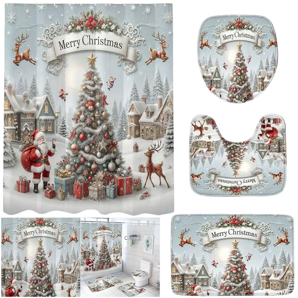 Christmas Shower Curtain Machine Washable Bathtub Curtain with Non-Slip Rugs Toilet Lid Cover and Bath Mat for Bathroom Decor