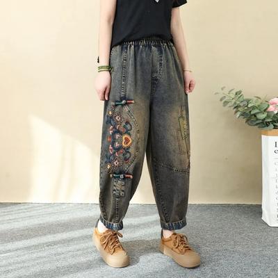 Konstnärliga Retro Broderade Jeans Damkläder Vår Höst Lösa Hög Midja Elastiska Denimbyxor Kvinnliga Vardagsbyxor