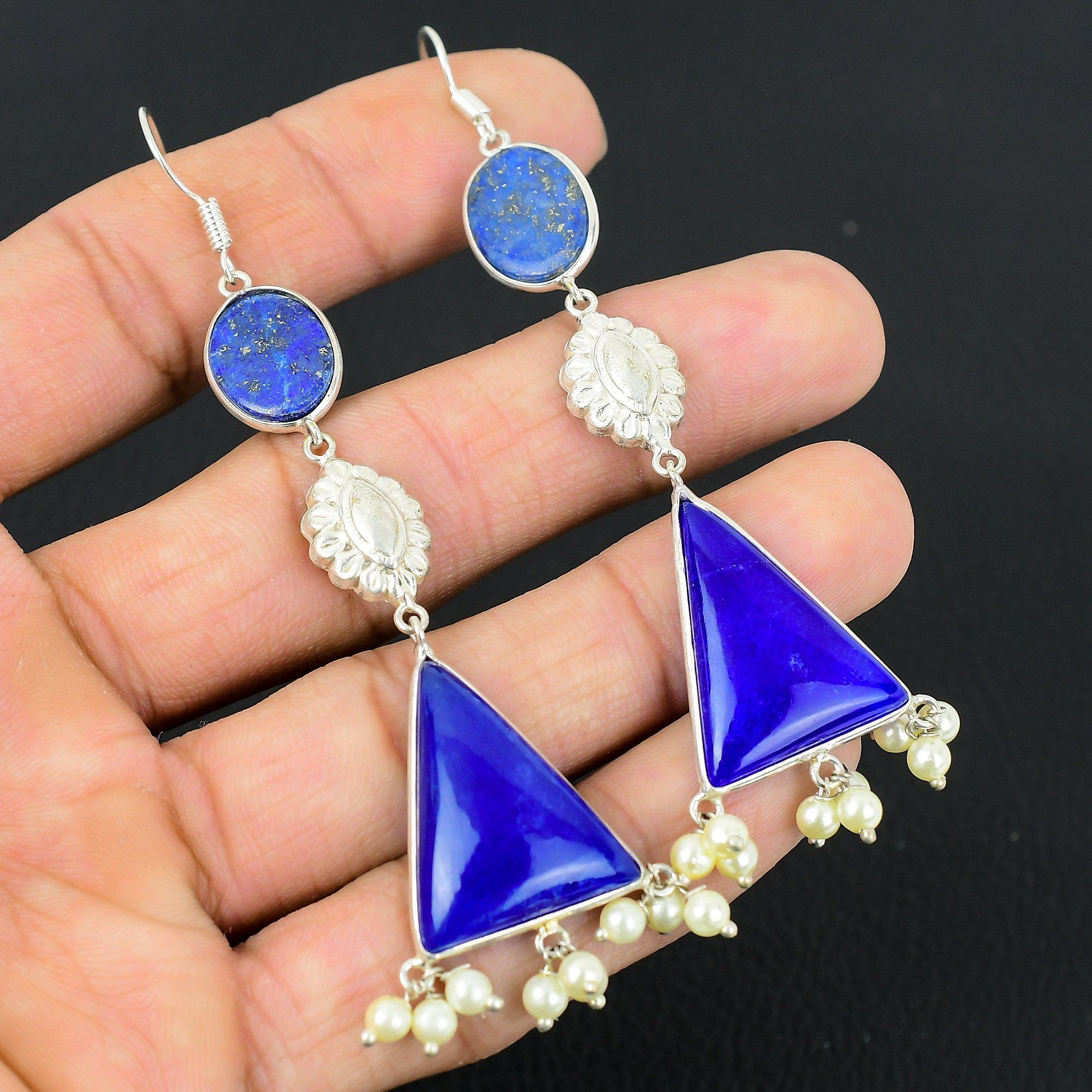 

Womens day Deal Lapis Lazuli Stone Sterling Silver Dangle Drop Earrings Jewelry