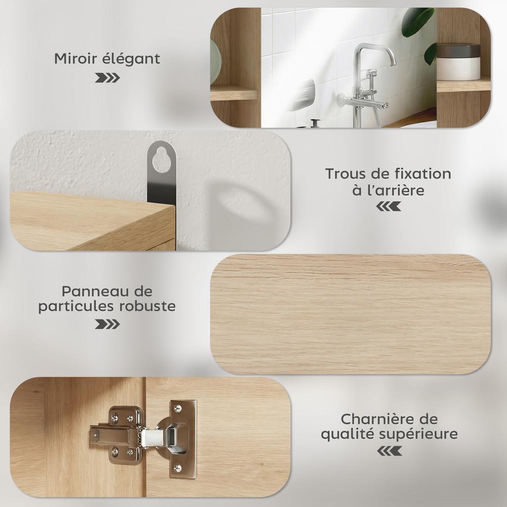 Bathroom Cabinet with Mirror, Doors, 6 Open Compartments, 60 x 14.5 x 49.4 cm, Natural Wood
