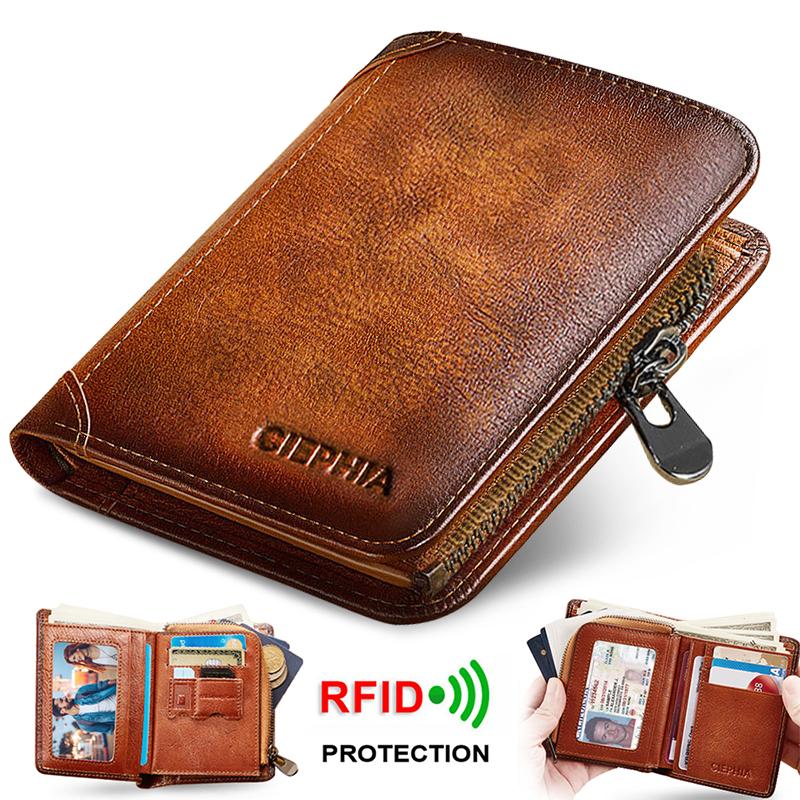 Genuine Leather Wallets for Men Vintage Short Multi Function Business Purse RFID Blocking Zipper ID Credit Card Holder Money Bag
