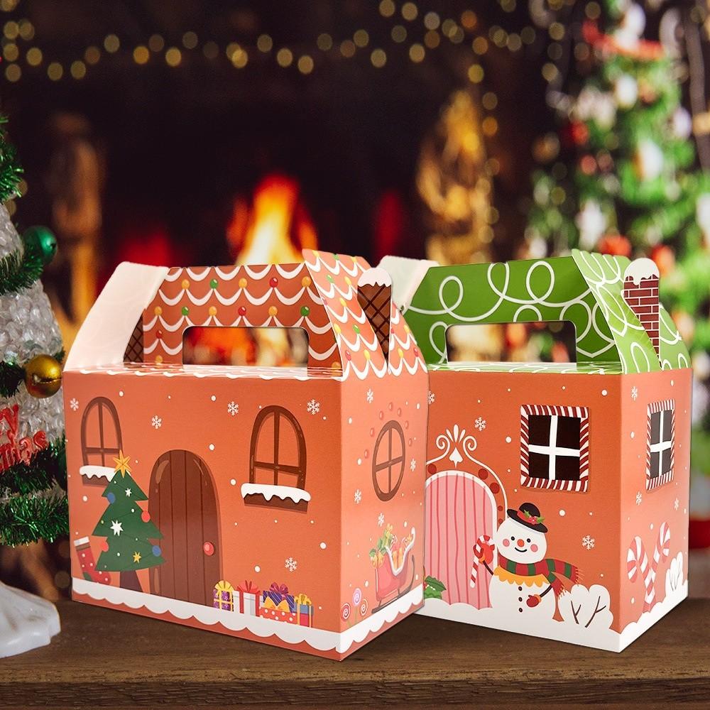 12PCS With Handle Christmas Gift Box Gingerbread House Cartoon Design Merry Christmas Decoration Packaging Box Candy Cookies