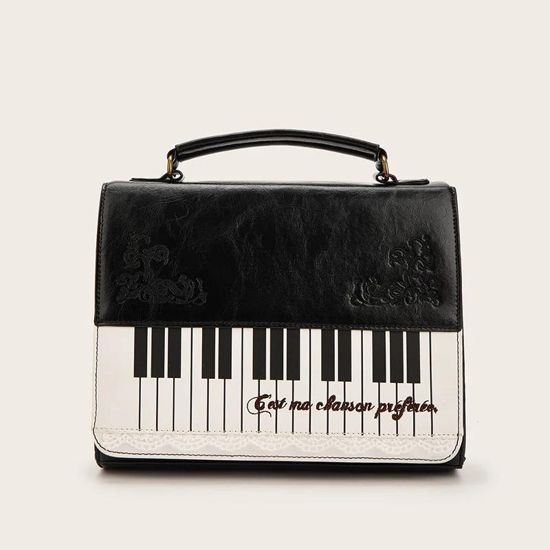 Girls Polka Dot Piano Key Handbag Black And White Retro Shoulder Bag Fashion Y2k Large Capacity Briefcase Lace Bow Cute Ita Bag