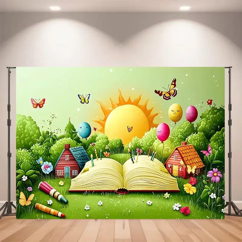 

2D Magical Storybook Backdrop, Cartoon Open Book with Sun and Butterflies Background for Kids Birthday & Art Party 47.2x31.5inch/120*80cm