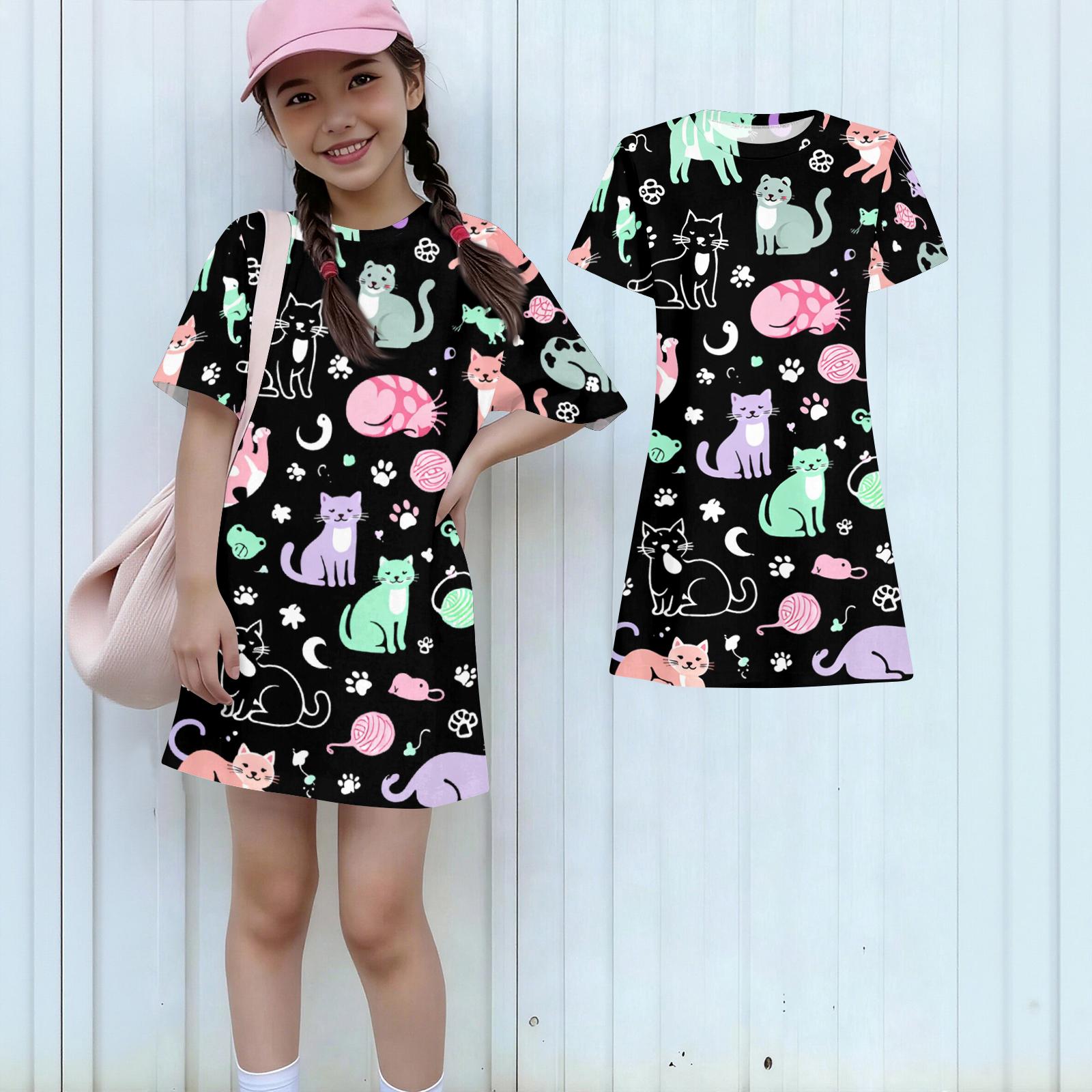 Girls Print Casual Dress Kids Loose Round Neck Short Sleeve Thin Sundress 130 чёрный