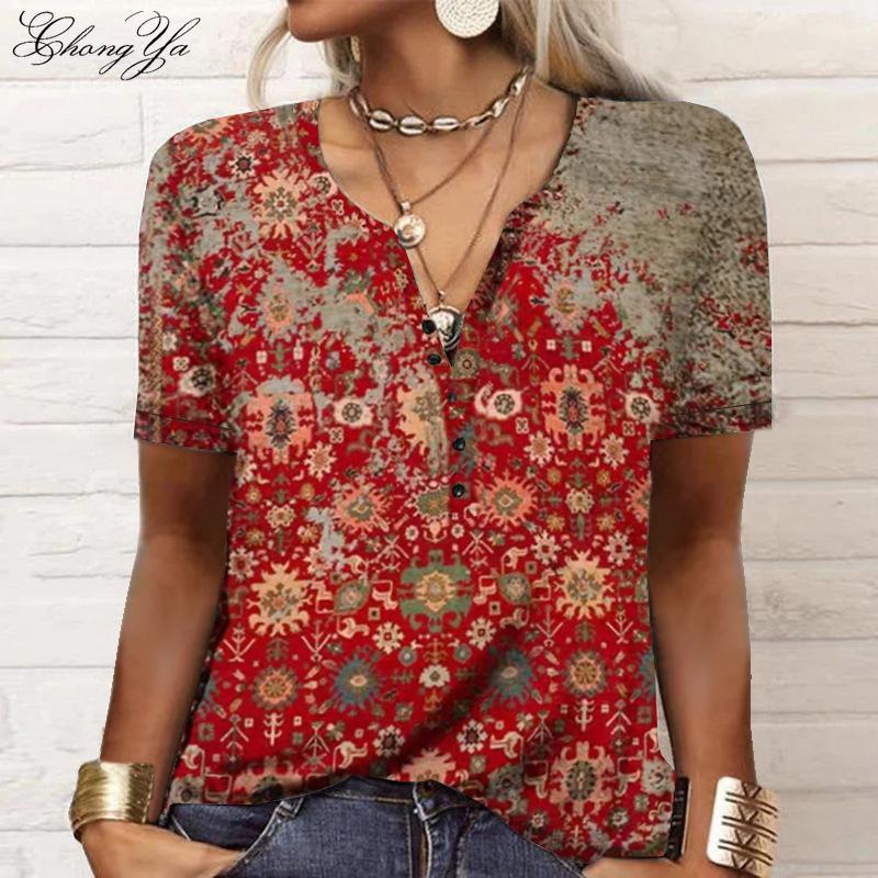 

Женские топы Осень и зима Новые цветочные принты Свободная футболка с длинными рукавами и V-образным вырезом большого размера 5XL красный