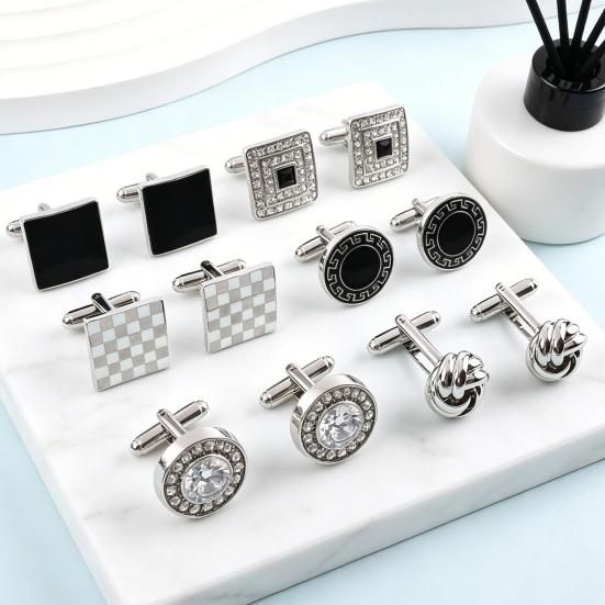 1 Pair Men Cufflinks Polished Smooth Surface Rhinestones Inlaid Rectangle Round Twist Shape Suit Shirt Cufflinks Button Replacement Accessories