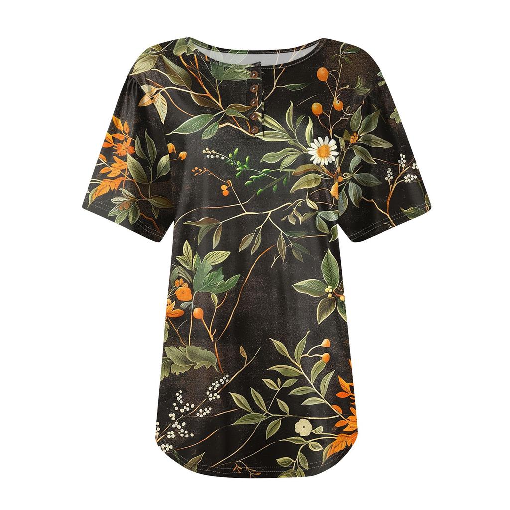 Dámský módní ležérní svetr s kulatým výstřihem a knoflíkem s krátkým rukávem