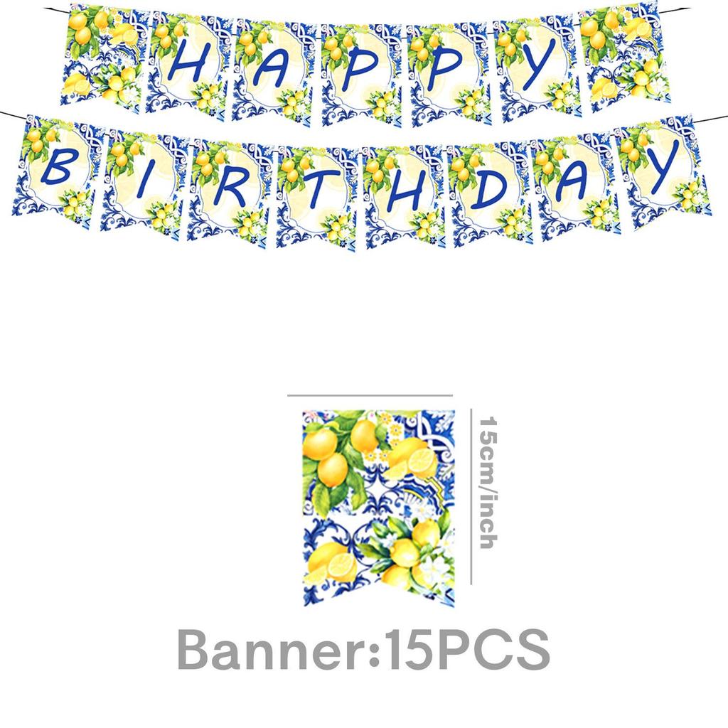 Retro Blue and White Porcelain Lemon-Themed Summer Party Tableware Set - Banner, Paper Plates, and Bunting Decorations
