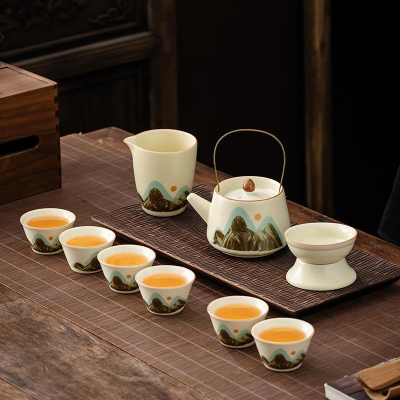 Light Luxury Set with Tea Tray Ceramic Can Be Opened Ru Kiln Qingshan Tea Set