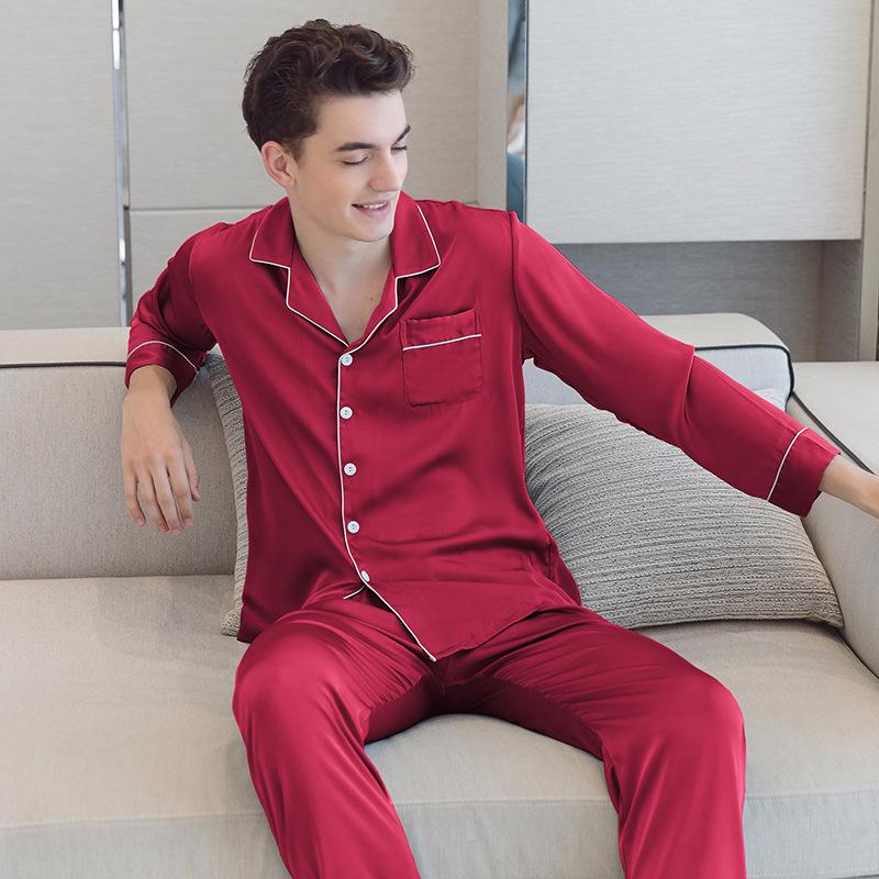 Ice Silk Couple Pajamas: Women's Long Sleeve Two-Piece Set, Spring/Autumn, Thin Style, Plus Size, Stylish Men's Home Wear