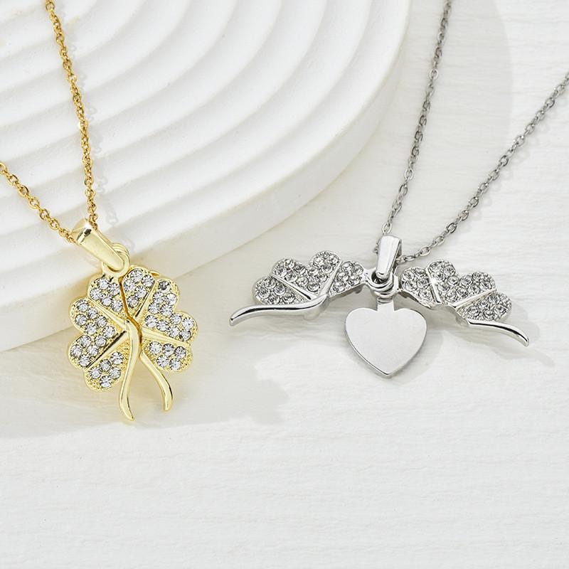 Clover Openable Stylish Pendant Necklace For Women Featuring Heart And Wing Design