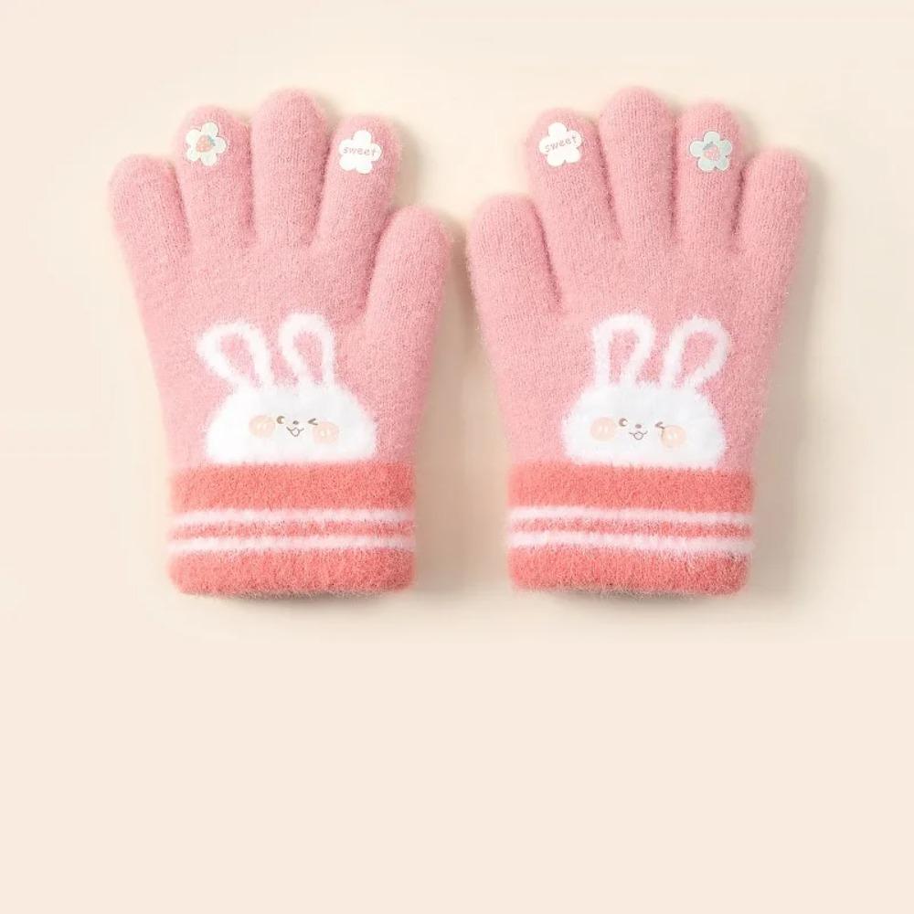 5 Colors Winter Kindergarden Kids Five-Finger Cartoon Knitted Gloves Girls Warm Thickened Plush Gloves Cute Bunny Gloves 3-5Y