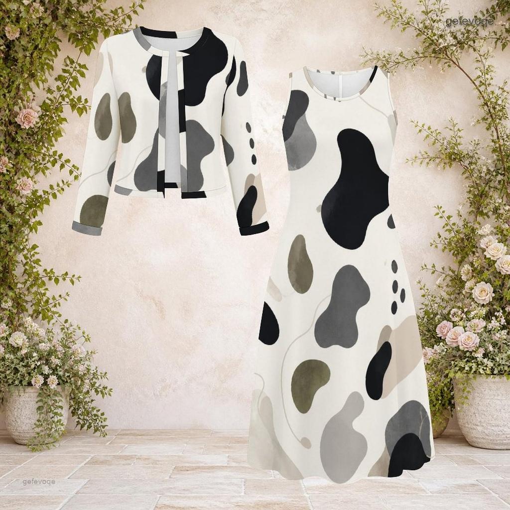 Women Plus Size Abstract Printed Two Piece Set Round Neck Long Sleeve Cropped Cardigan Sleeveless Midi Dress