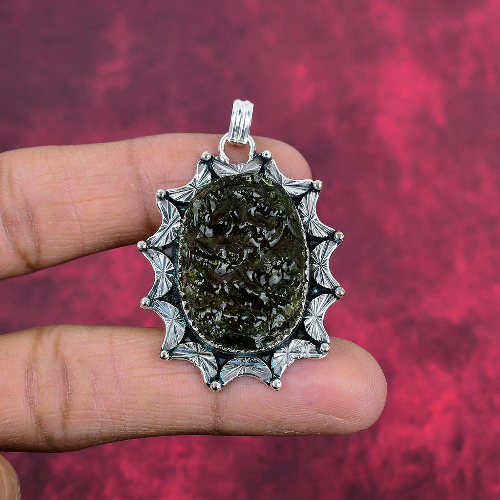Pandantiv moldavit, bijuterii din argint solid 925, pandantiv cu pietre prețioase, cadou pentru bijuterii delicate realizate manual.