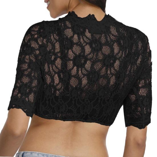 Frauen Elegante Durchsichtige Stickerei Spitze Hemd Tops V-ausschnitt Halbe Hülse Slim Fit Einfarbig Kurze Hemd Unten Abgeschnitten Tops
