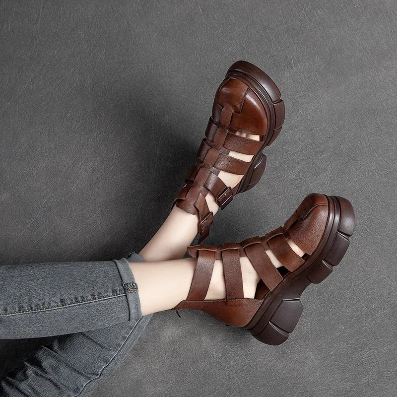 Fashion Hot Quality 6CM Retro Thick Heel Sandals for Women Genuine Leather Summer High Heel Closed Toe Sandals Buckle ZIP Platform Shoes