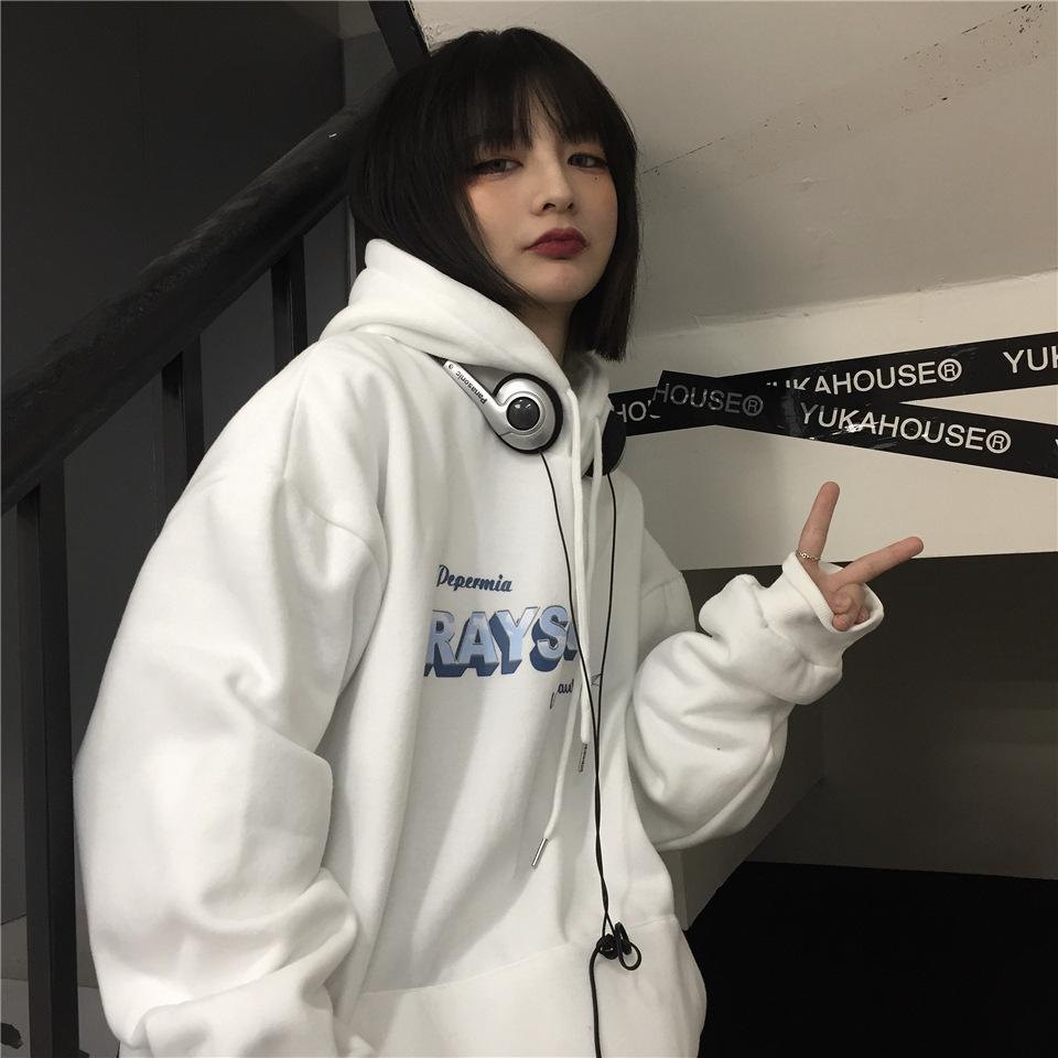 Ladies Letter Print Hooded Hoodie Women's Autumn Winter New Loose Oversize Plush Sweatshirt Pullover Tops for Couple Outfit