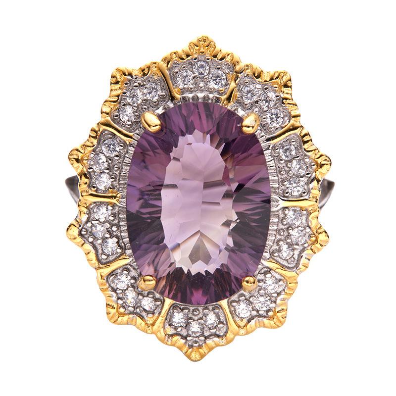 Non-Fading High-End S925 Sterling Silver 18K Gold Natural Amethyst Lucky Treasure Ring Women'S Simple Jewelry