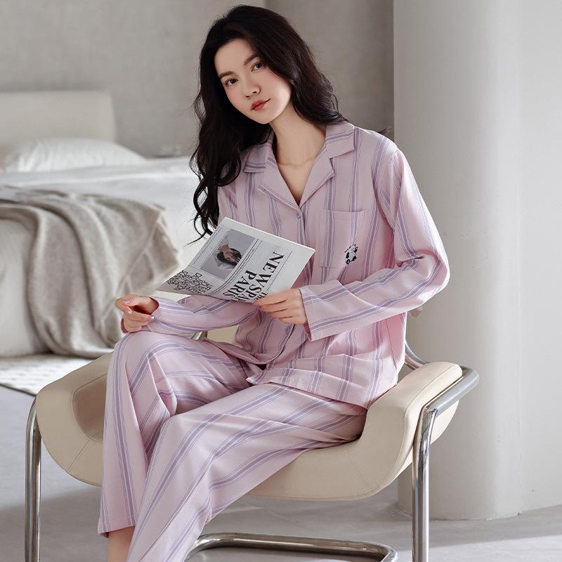 Women's Pure Cotton Long Sleeve Pajama Set - Casual Two-Piece with Simple Print for Home or Outwear